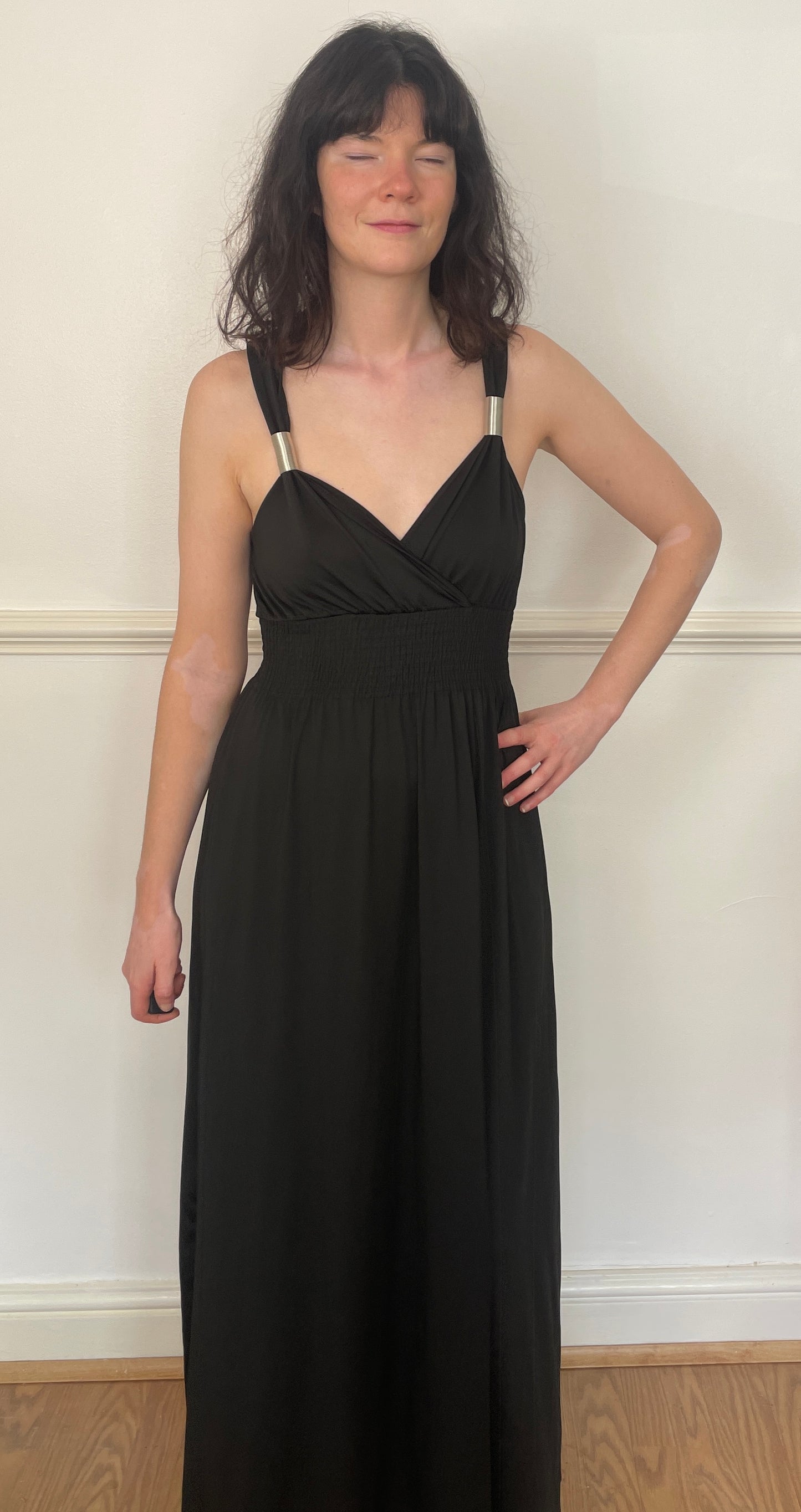 Vintage Y2K Black Stretch Smocked Waist Maxi Dress with Metal Straps - Size 10
