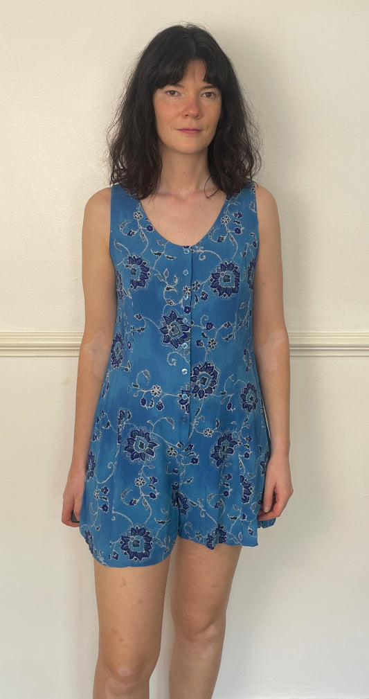 Vintage 90s Blue Floral Crinkle Sleeveless Playsuit - Size 12