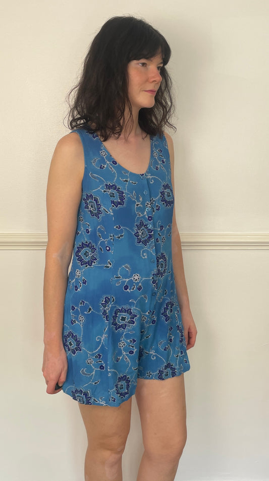 Vintage 90s Blue Floral Crinkle Sleeveless Playsuit - Size 12