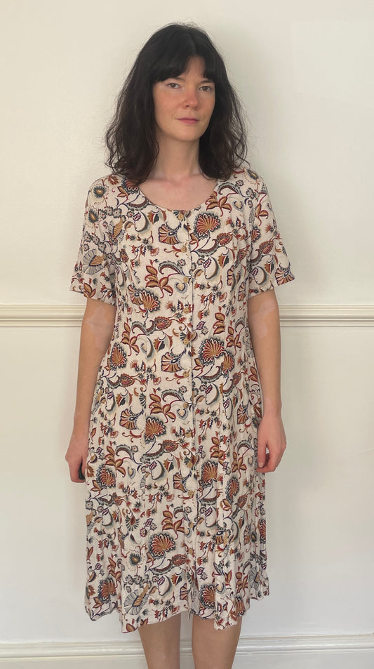 Vintage 90s Brown Floral Linen Blend Button Maxi Dress with Waist Tie - Size 12
