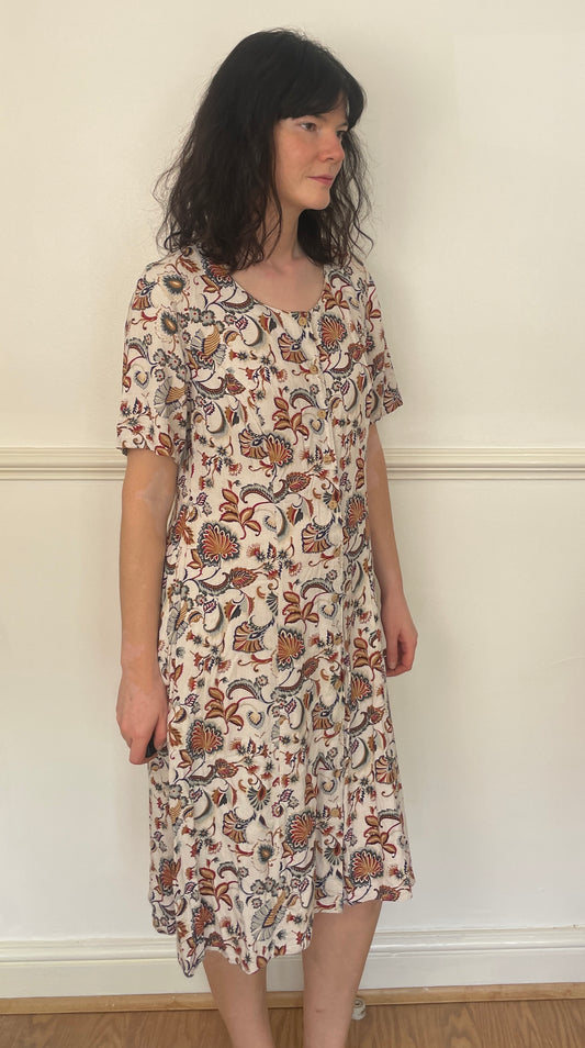 Vintage 90s Brown Floral Linen Blend Button Maxi Dress with Waist Tie - Size 12