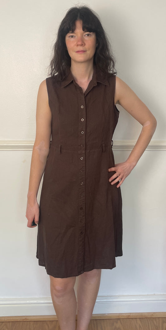 Vintage 90s Brown Linen Midi Shirt Dress - Size 12