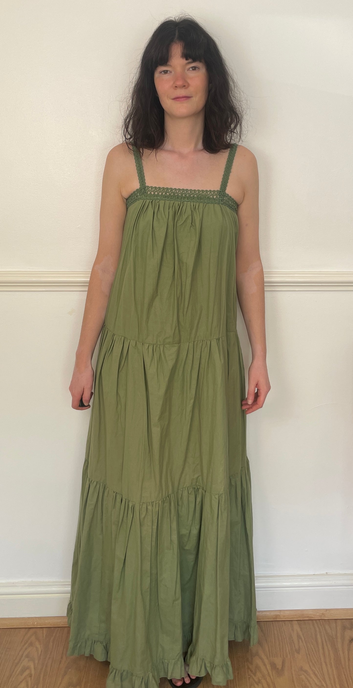Vintage 70s Handmade Khaki Green Crochet Trim Tiered Maxi Dress - Size 10