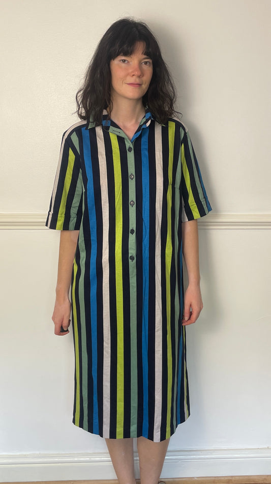 Vintage 80s Blue and Green Striped Jersey Short Sleeve Midi Shirt Dress - Size 14