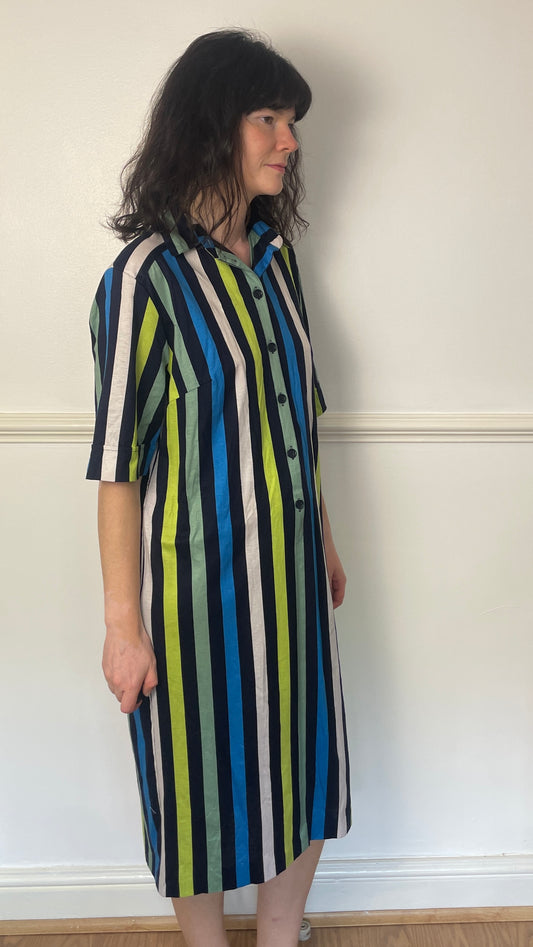 Vintage 80s Blue and Green Striped Jersey Short Sleeve Midi Shirt Dress - Size 14