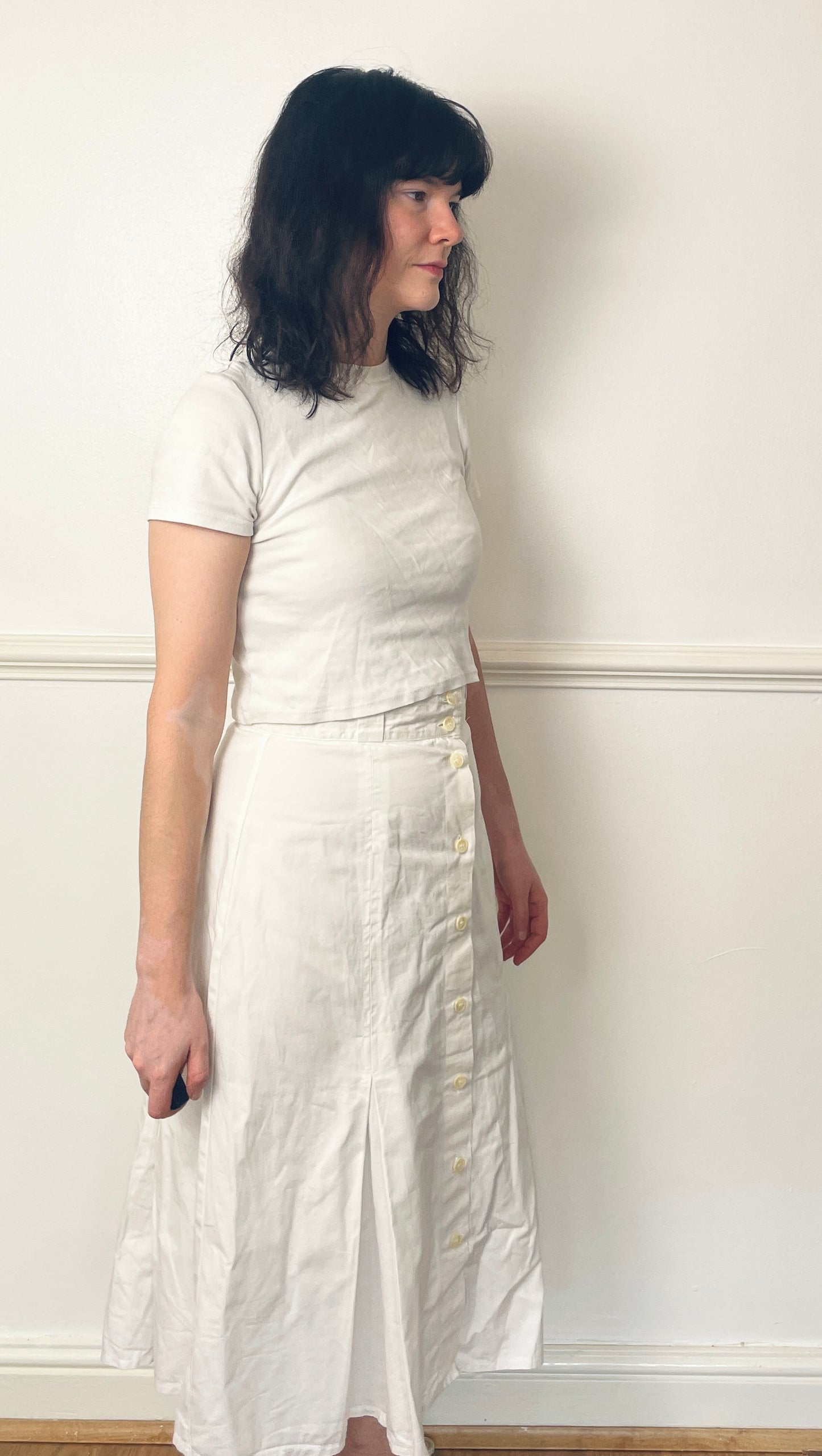 Vintage 80s White Button Pleated Midi Skirt - Size 10