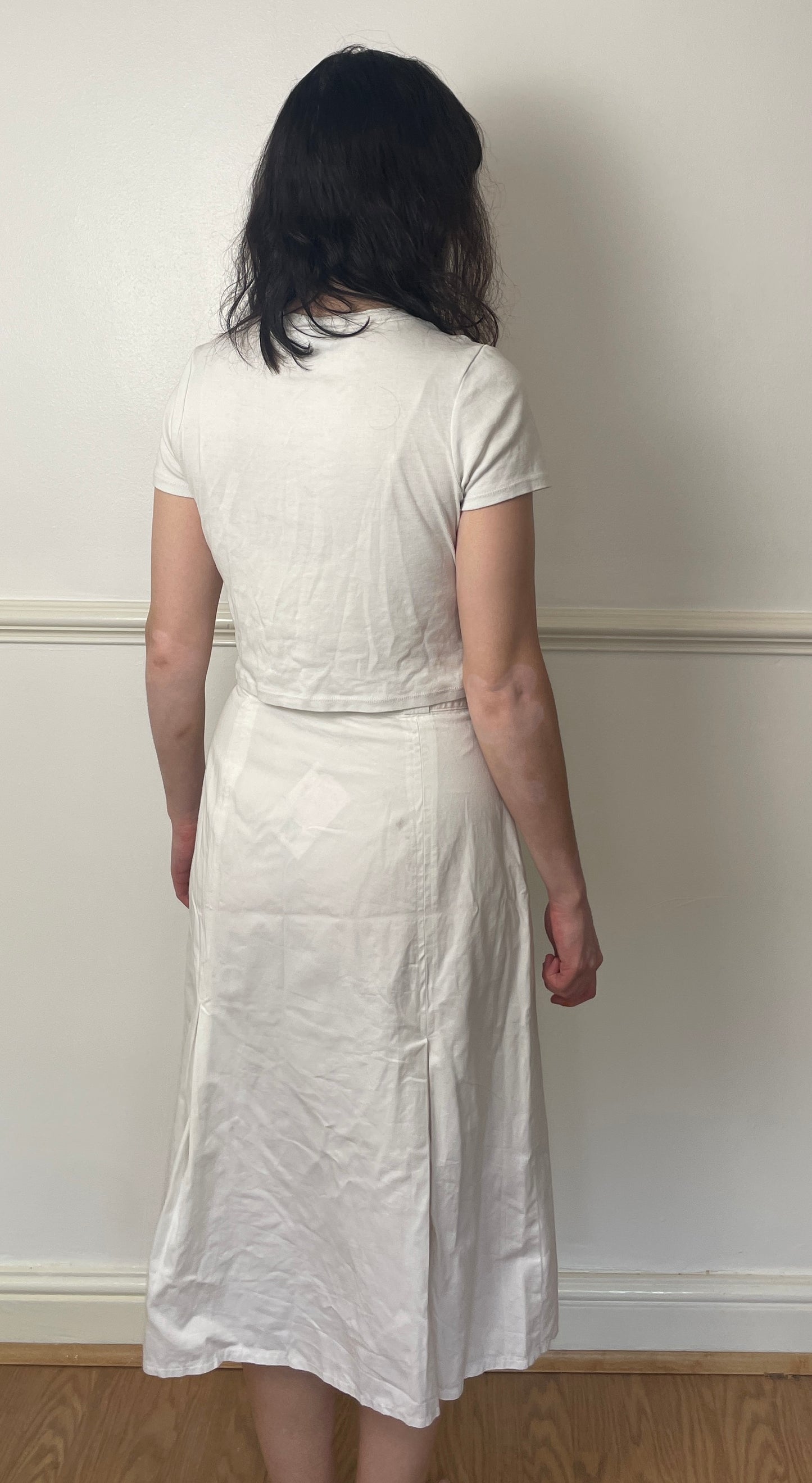 Vintage 80s White Button Pleated Midi Skirt - Size 10
