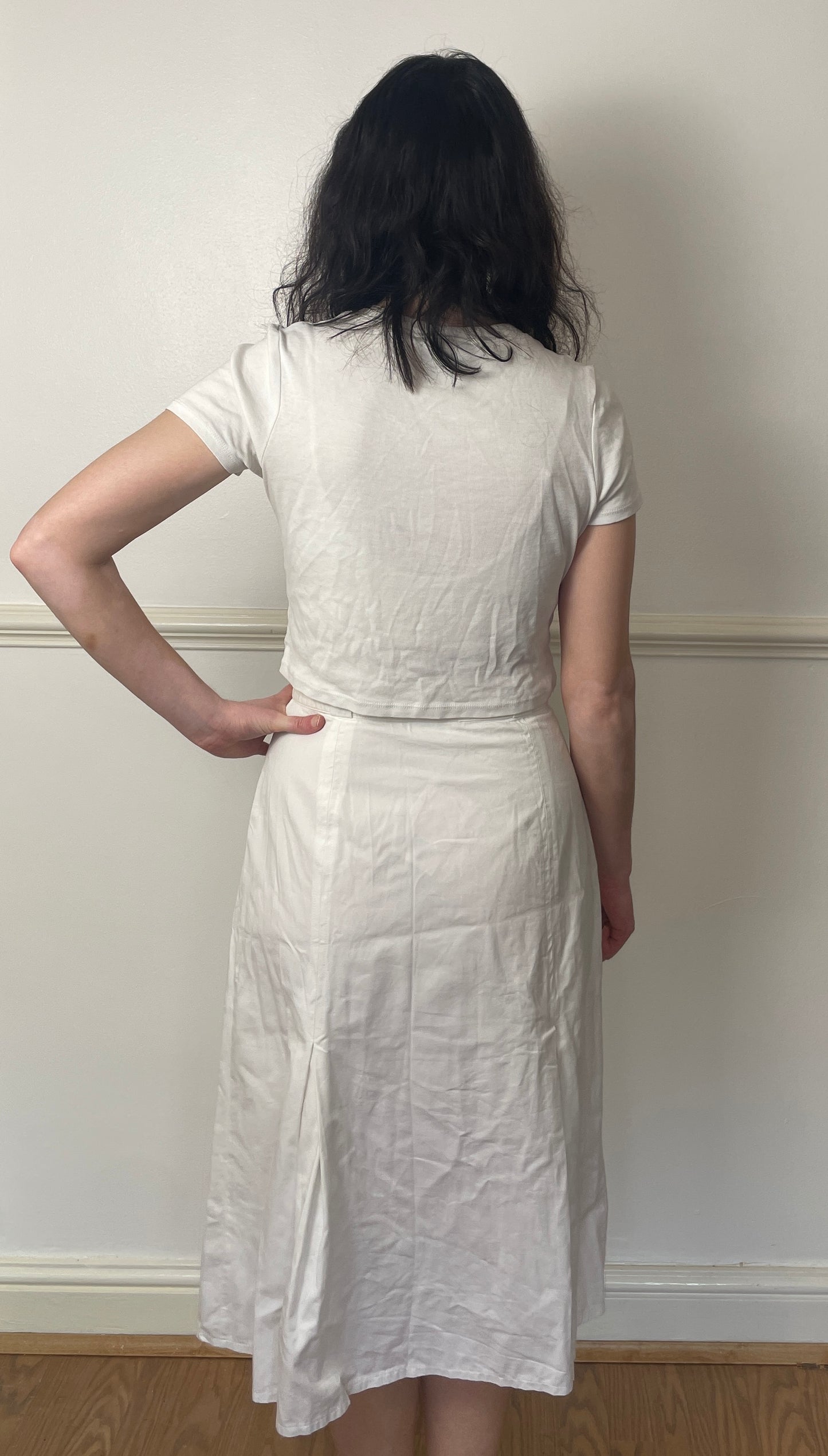 Vintage 80s White Button Pleated Midi Skirt - Size 10