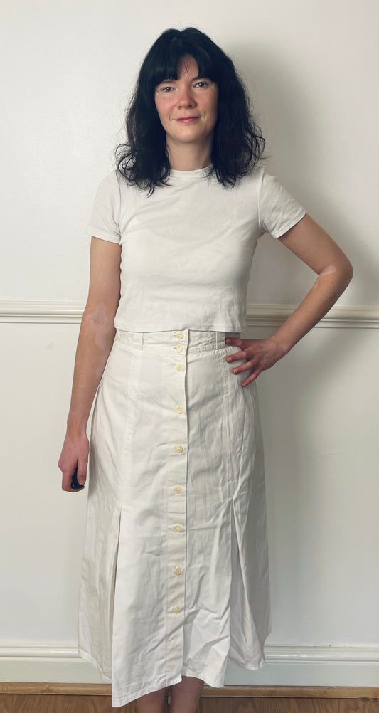 Vintage 80s White Button Pleated Midi Skirt - Size 10