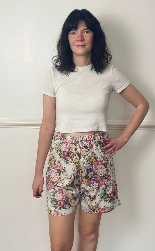 Vintage 90s Pink Floral Cotton Elasticated Shorts - Size 10