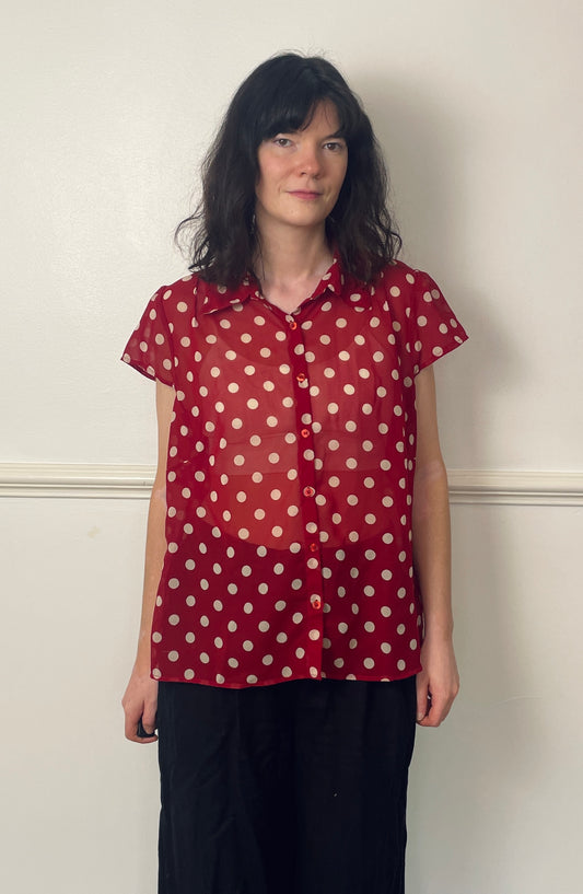 Vintage 90s Red Polka Dot Sheer Short Sleeve Shirt - Size 16