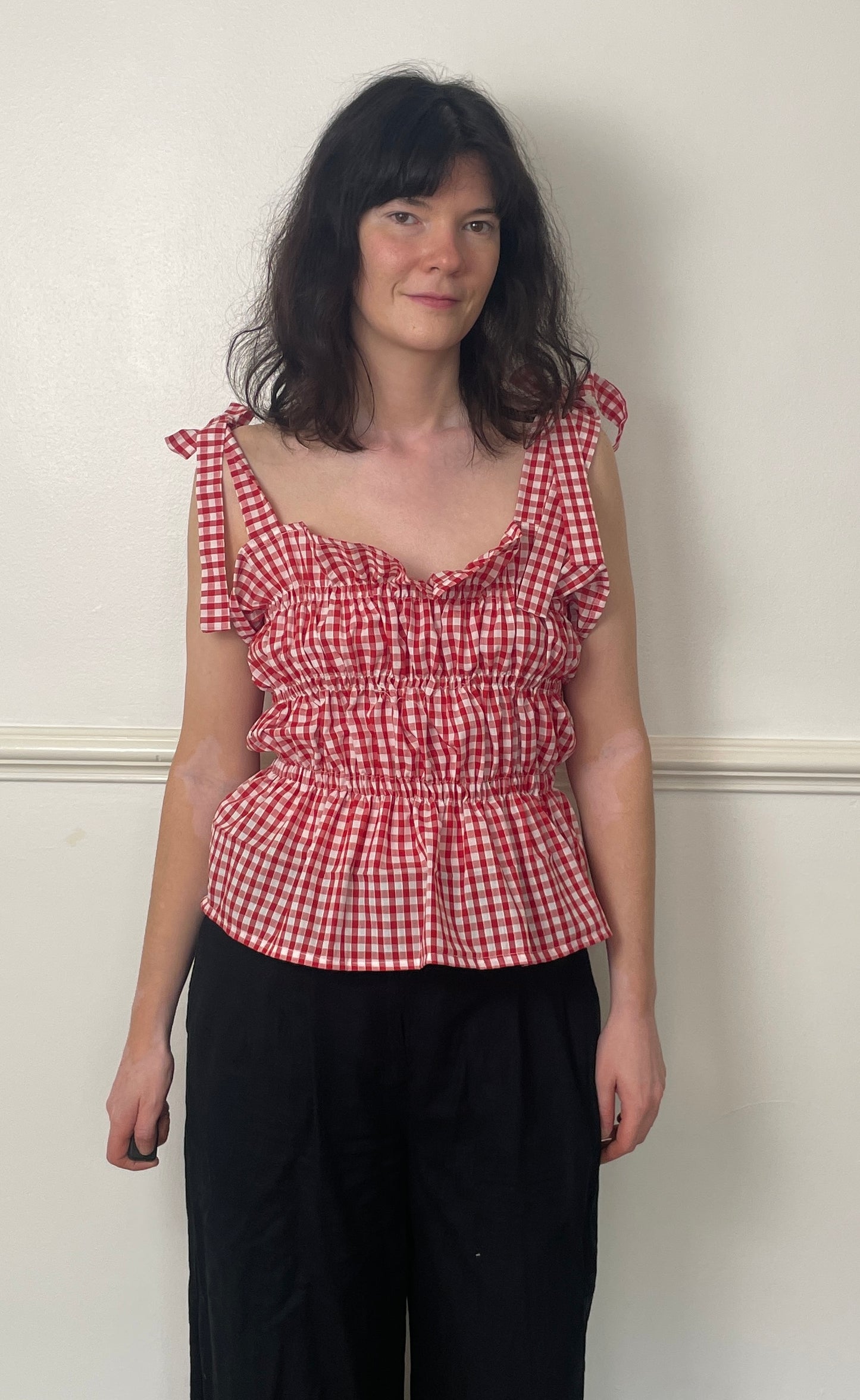 Handmade Red Gingham Cotton Shirred Smocked Tie Shoulder Crop Top - Size 14