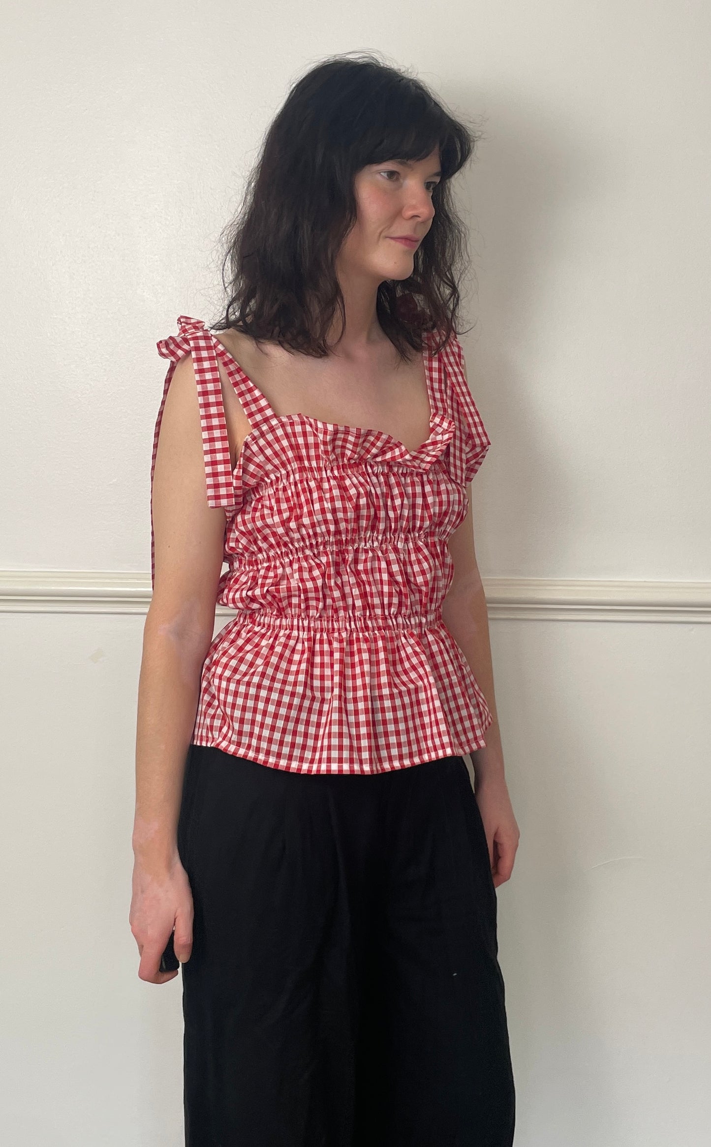 Handmade Red Gingham Cotton Shirred Smocked Tie Shoulder Crop Top - Size 14
