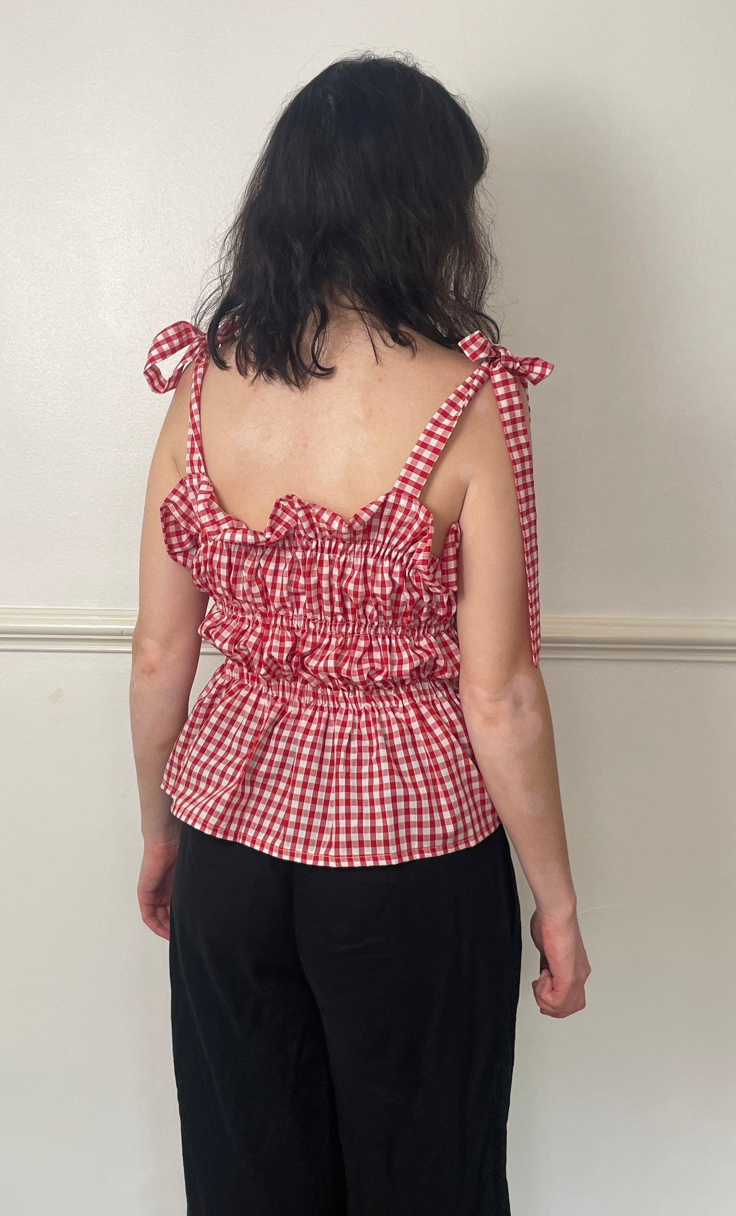 Handmade Red Gingham Cotton Shirred Smocked Tie Shoulder Crop Top - Size 14