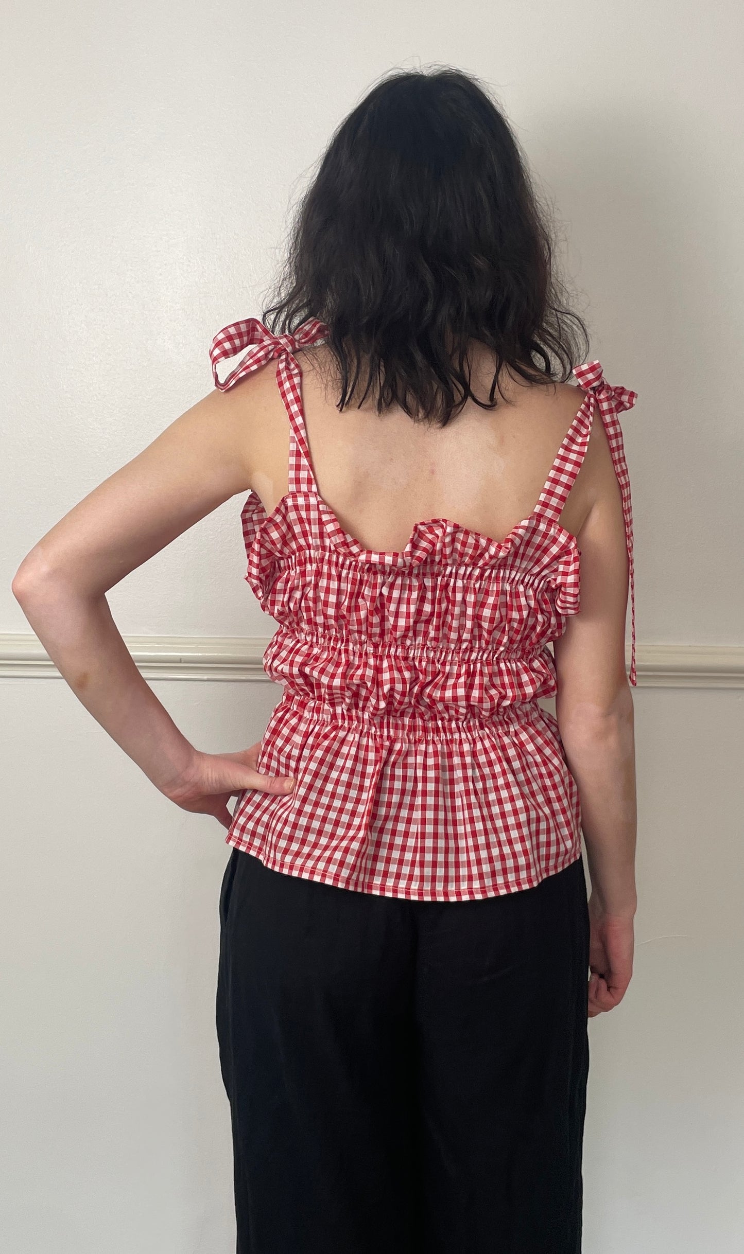 Handmade Red Gingham Cotton Shirred Smocked Tie Shoulder Crop Top - Size 14