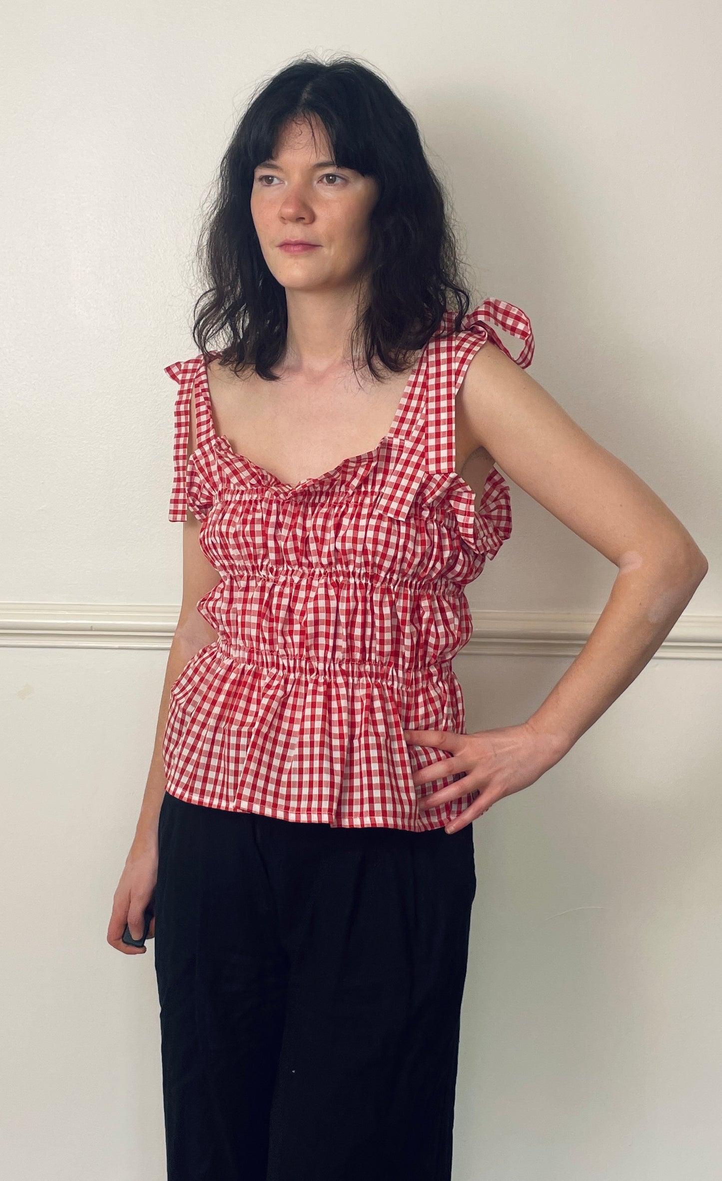 Handmade Red Gingham Cotton Shirred Smocked Tie Shoulder Crop Top - Size 14