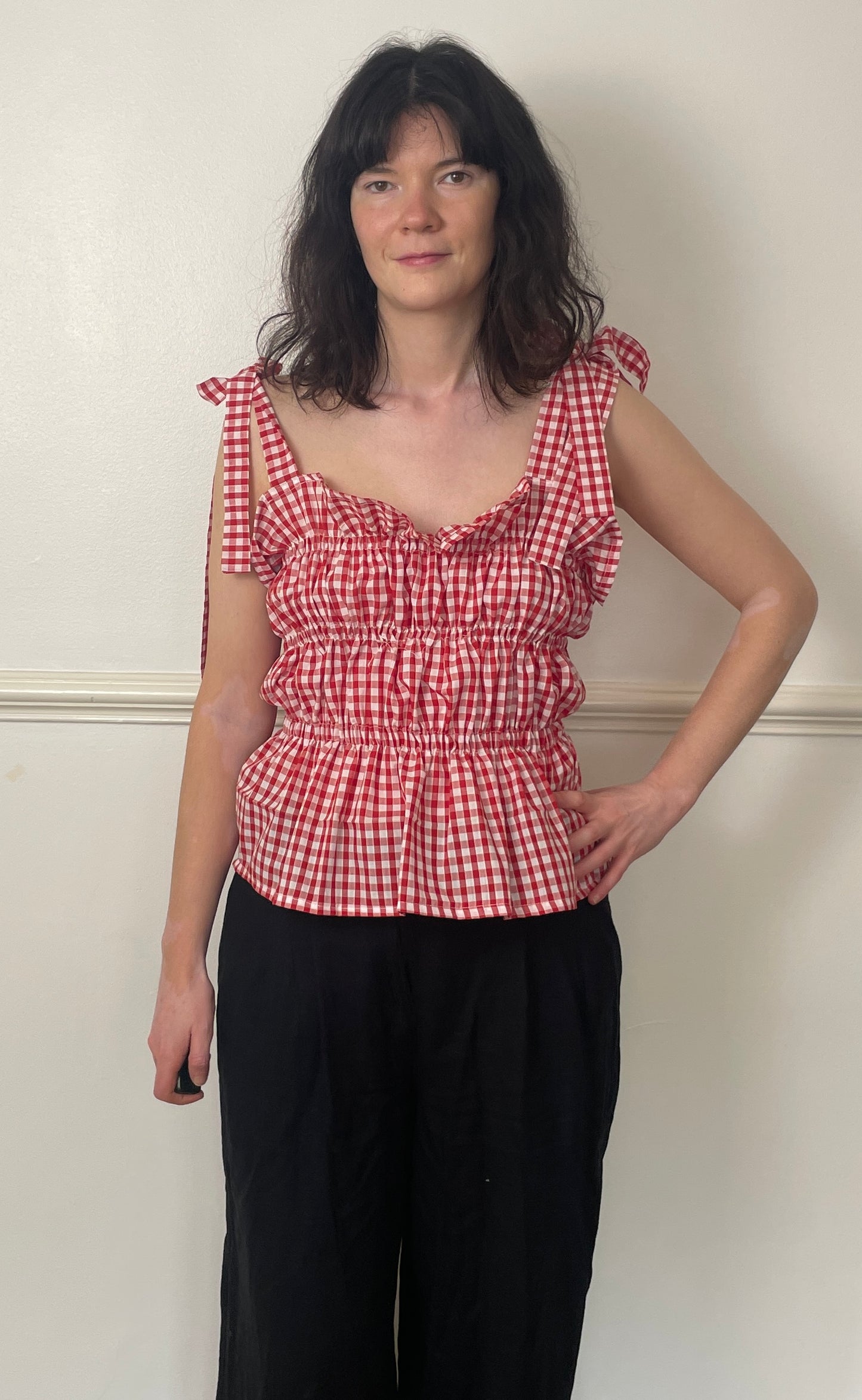 Handmade Red Gingham Cotton Shirred Smocked Tie Shoulder Crop Top - Size 14
