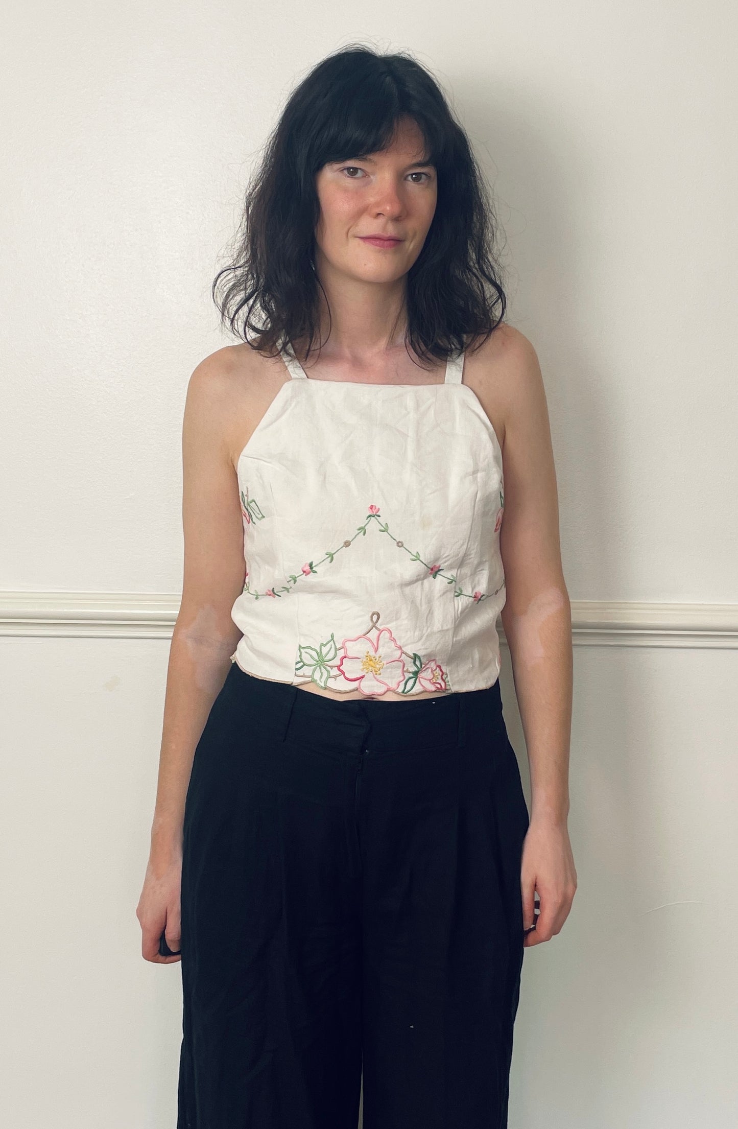 Handmade White Linen Pink Floral Embroidered Cross Strap Tie Back Crop Top - Size 12