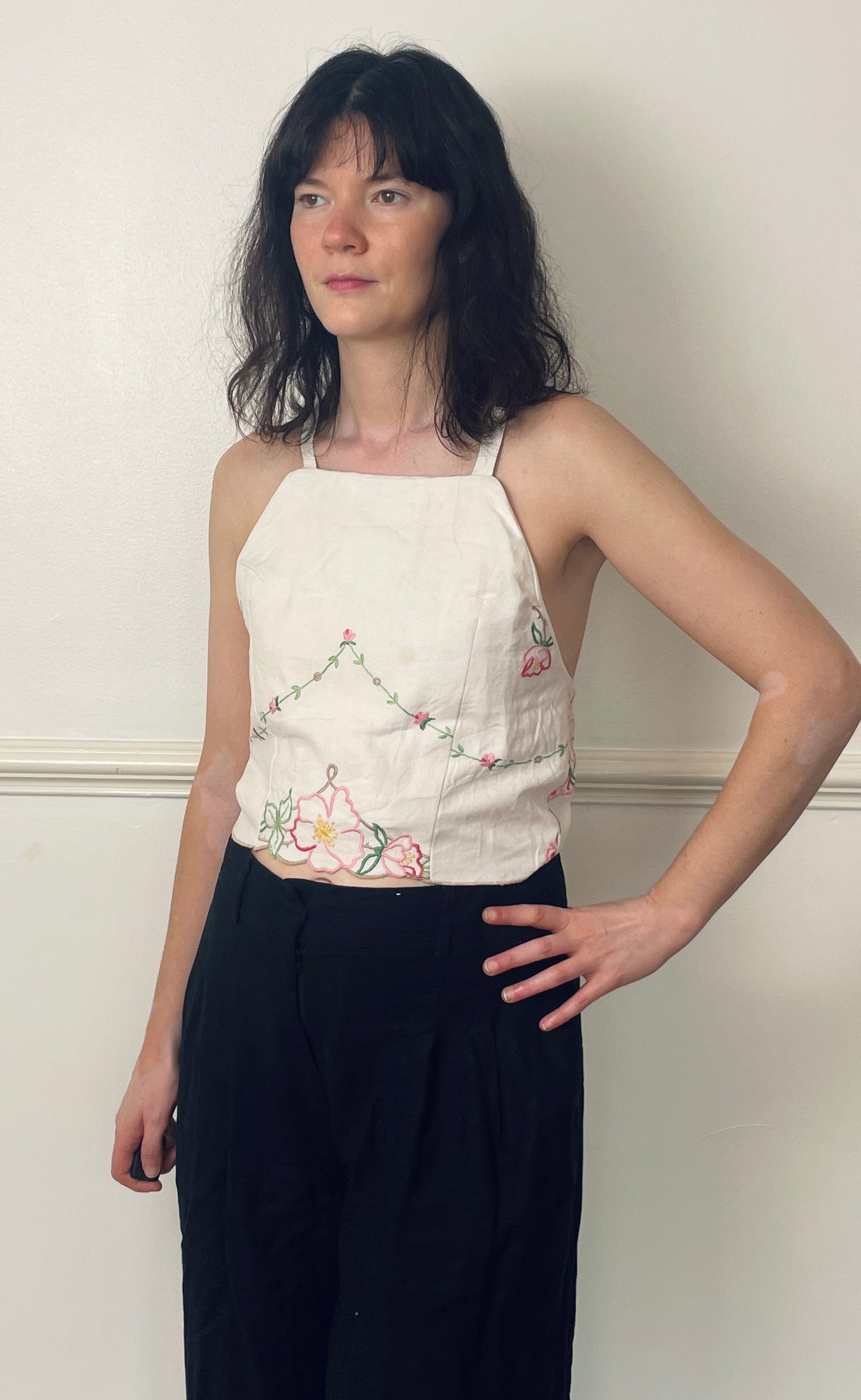 Handmade White Linen Pink Floral Embroidered Cross Strap Tie Back Crop Top - Size 12