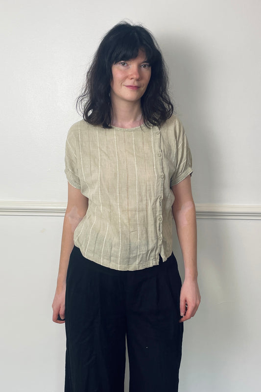Vintage 70s Beige Striped Asymmetric Button Short Sleeve Shirt - Size 12