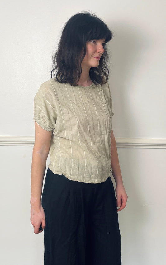Vintage 70s Beige Striped Asymmetric Button Short Sleeve Shirt - Size 12