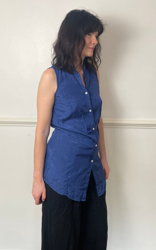 Vintage 90s Navy Blue Satin Long Sleeveless Shirt with Waist Tie - Size 10