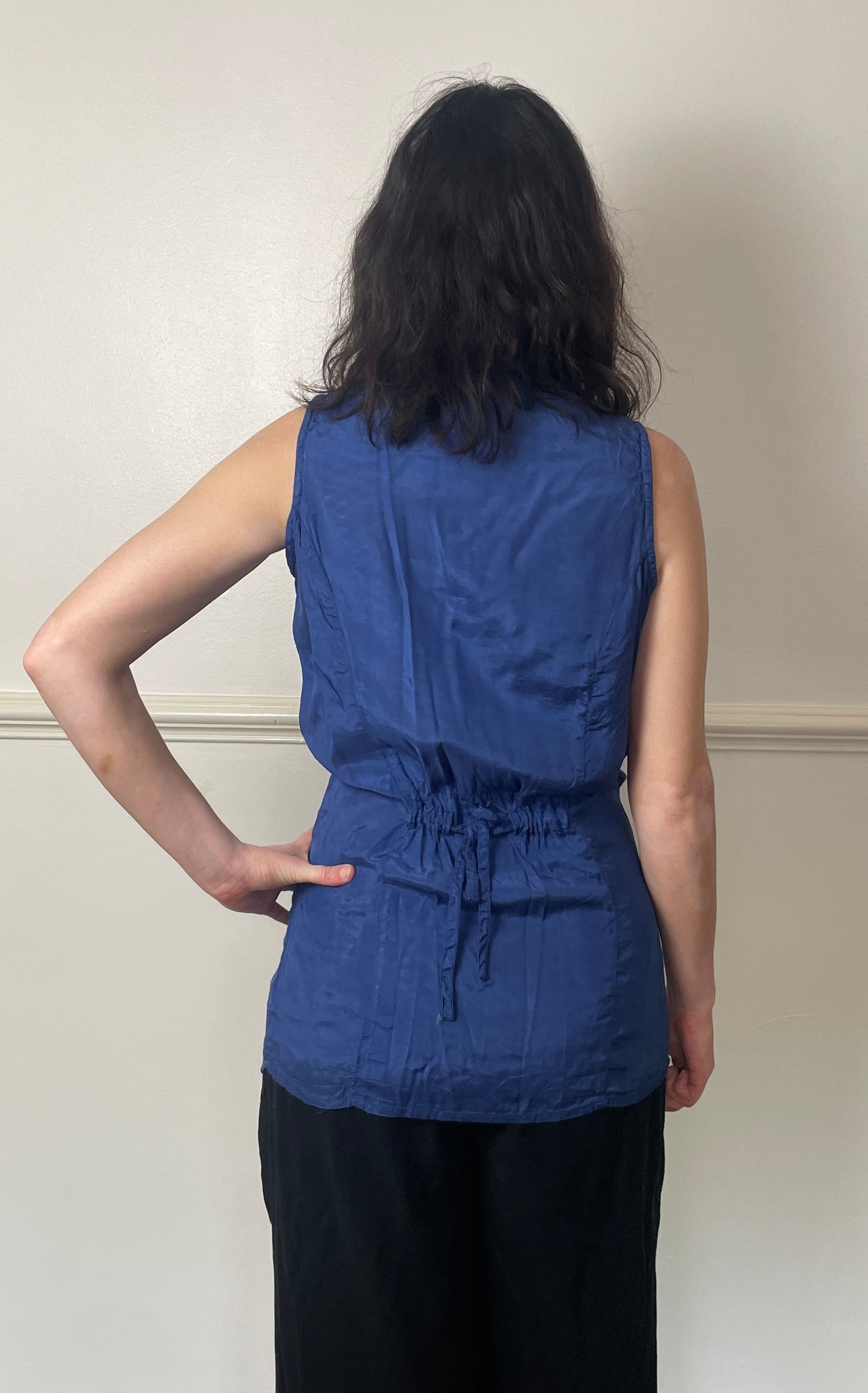 Vintage 90s Navy Blue Satin Long Sleeveless Shirt with Waist Tie - Size 10