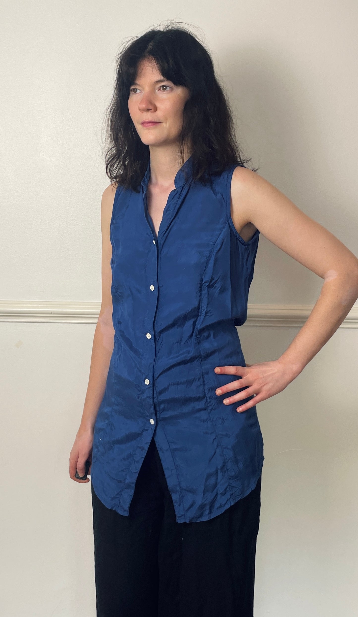 Vintage 90s Navy Blue Satin Long Sleeveless Shirt with Waist Tie - Size 10