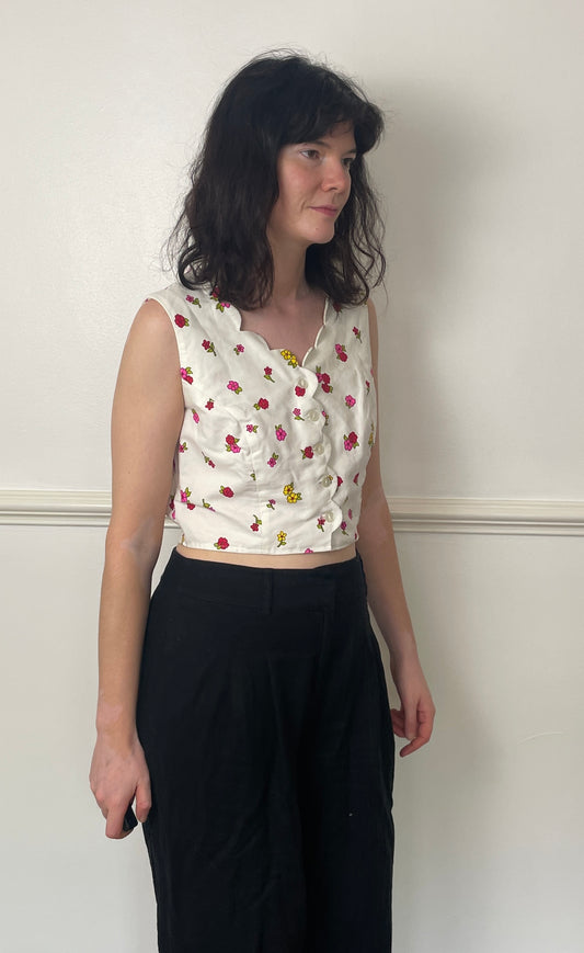 Vintage 90s White Floral Scallop Edge Cropped Waistcoat Top - Size 10
