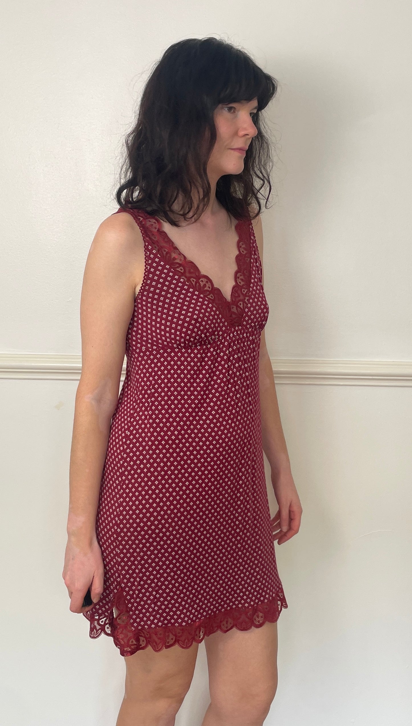 Vintage Y2K Burgandy Lace Trim Printed Jersey Mini Dress - Size 10