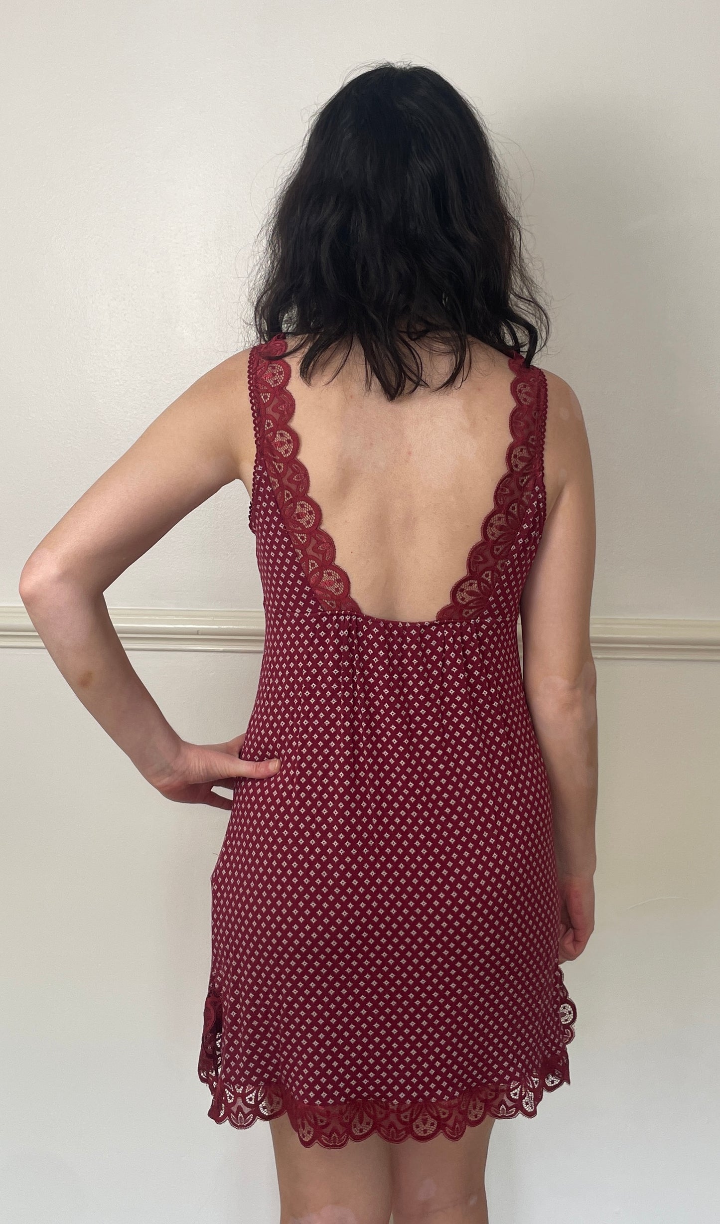 Vintage Y2K Burgandy Lace Trim Printed Jersey Mini Dress - Size 10