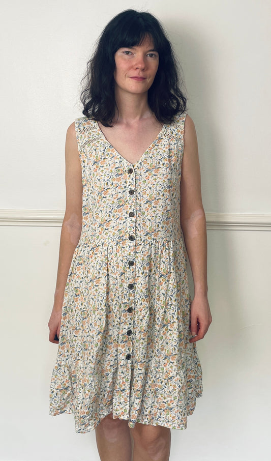 Vintage 90s Orange Floral Tiered Button Sleeveless Midi Dress - Size 14