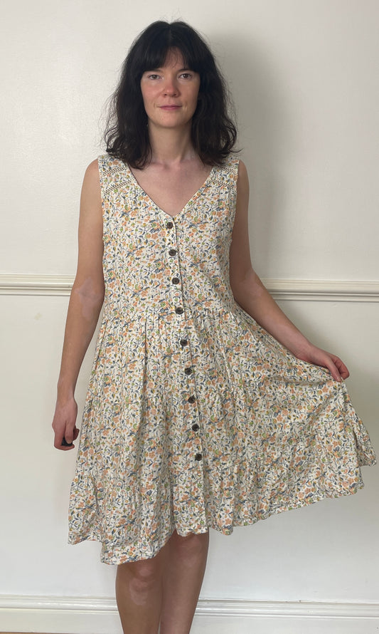 Vintage 90s Orange Floral Tiered Button Sleeveless Midi Dress - Size 14