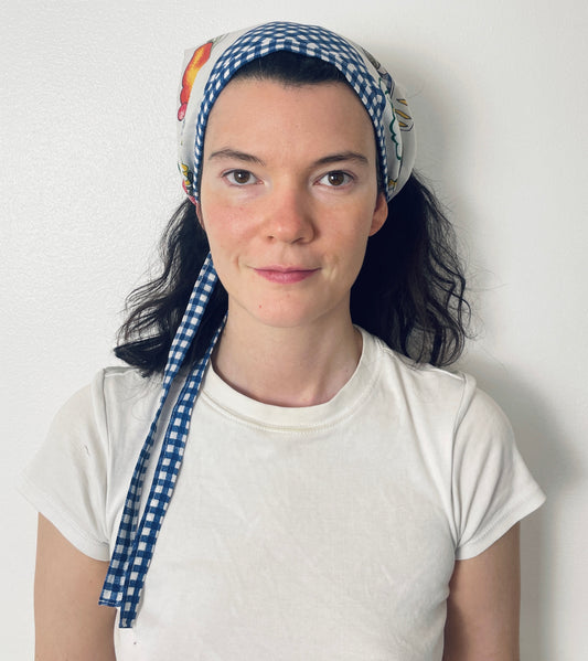 Handmade Blue Gingham Fruit Print Head Scarf Bandana