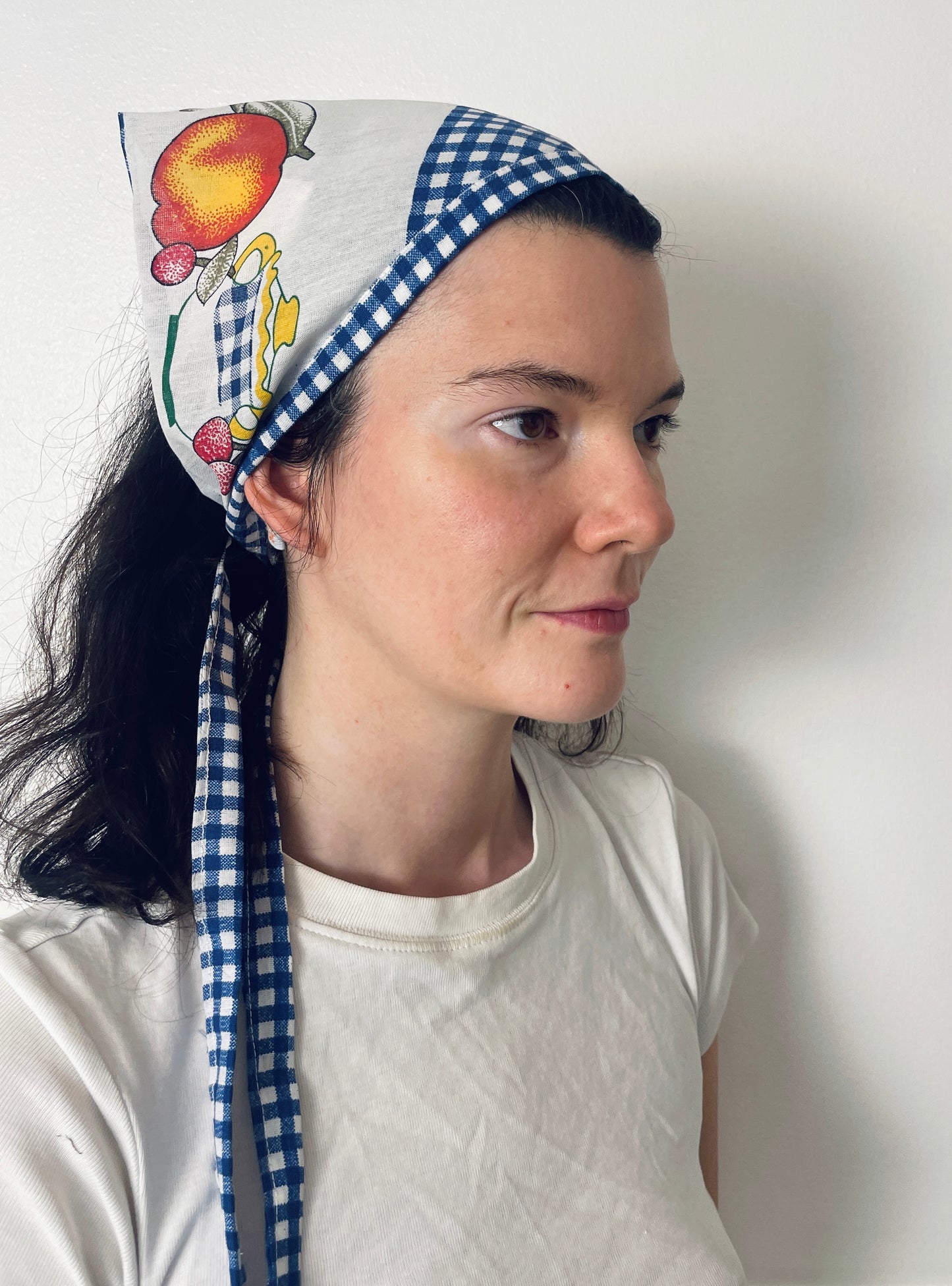 Handmade Blue Gingham Fruit Print Head Scarf Bandana