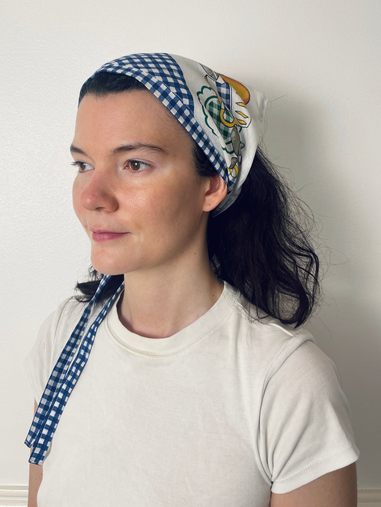 Handmade Blue Gingham Fruit Print Head Scarf Bandana