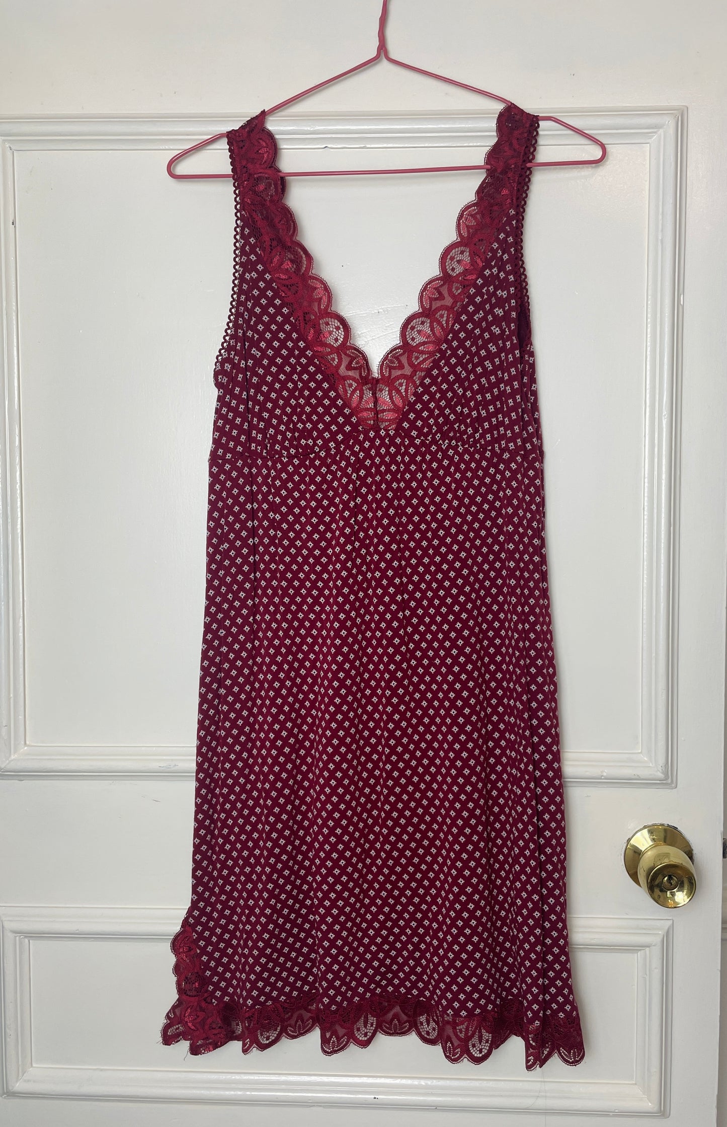 Vintage Y2K Burgandy Lace Trim Printed Jersey Mini Dress - Size 10