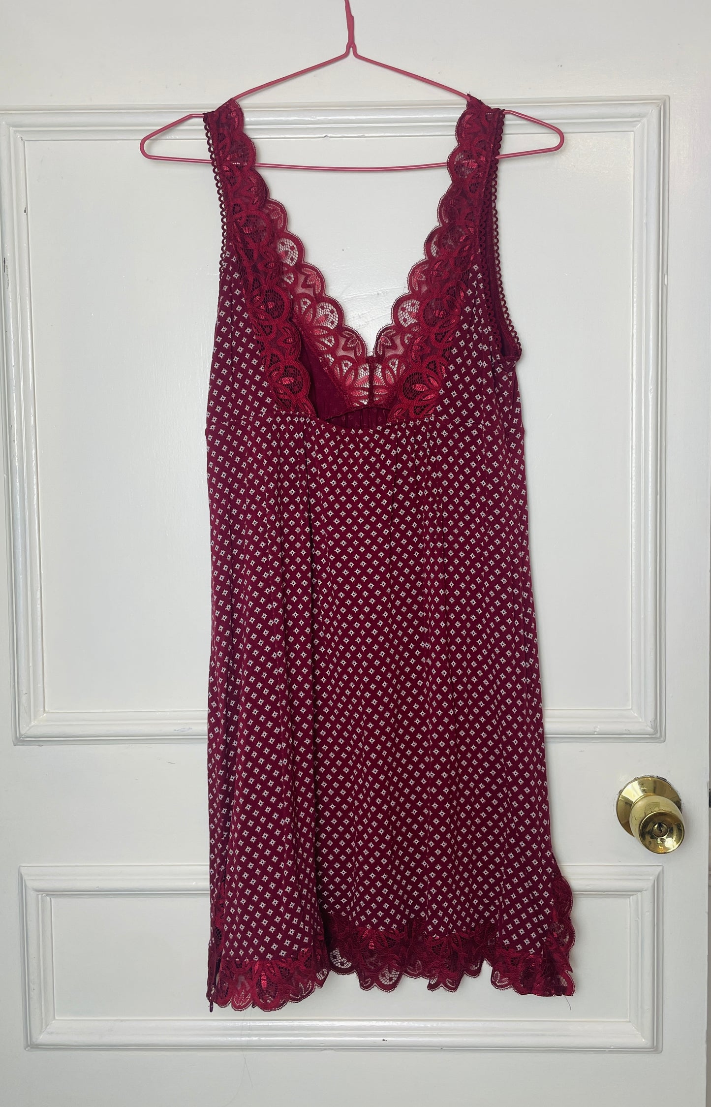 Vintage Y2K Burgandy Lace Trim Printed Jersey Mini Dress - Size 10