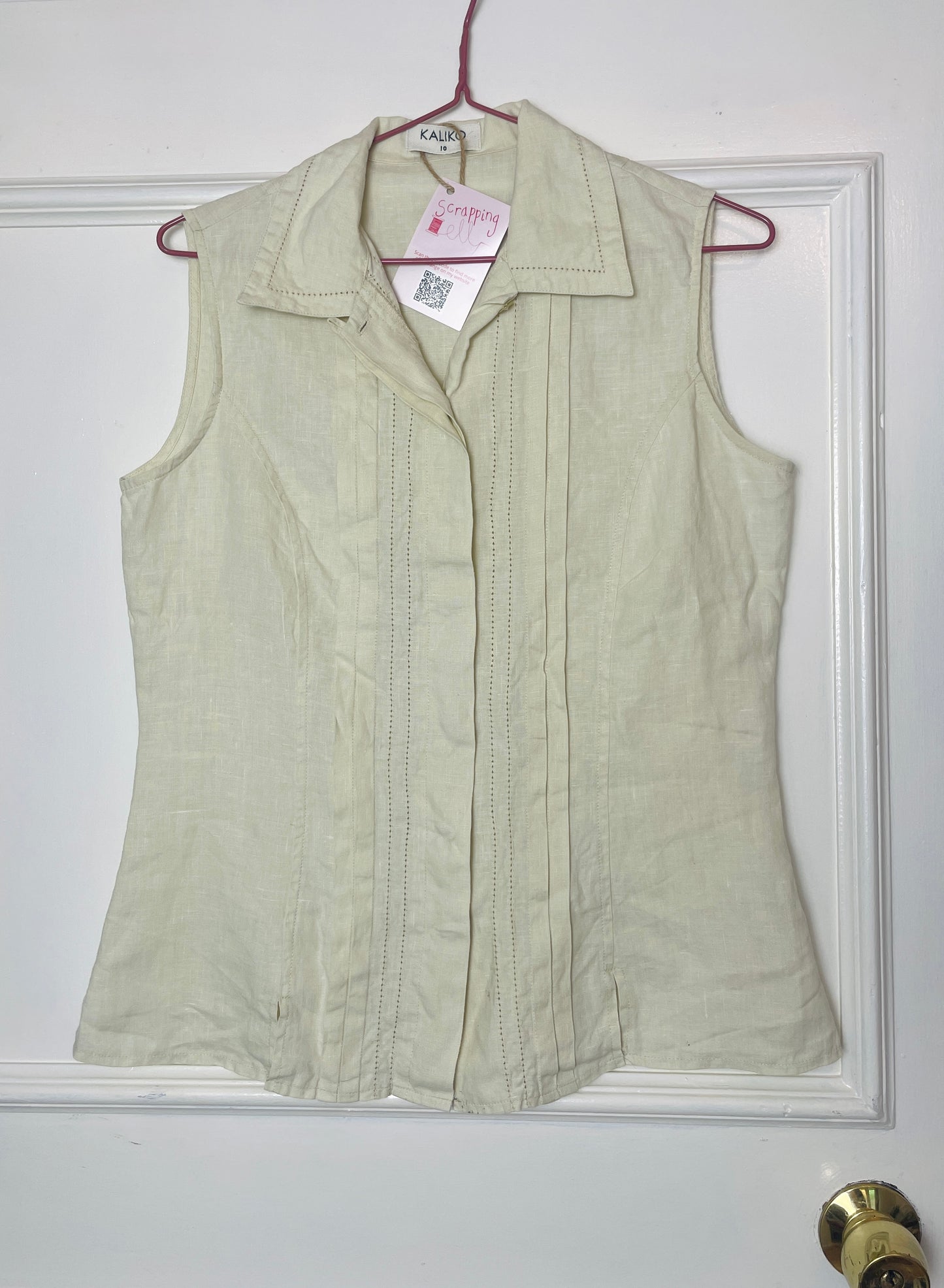Vintage 90s Beige Pintuck Sleeveless Linen Shirt - Size 10