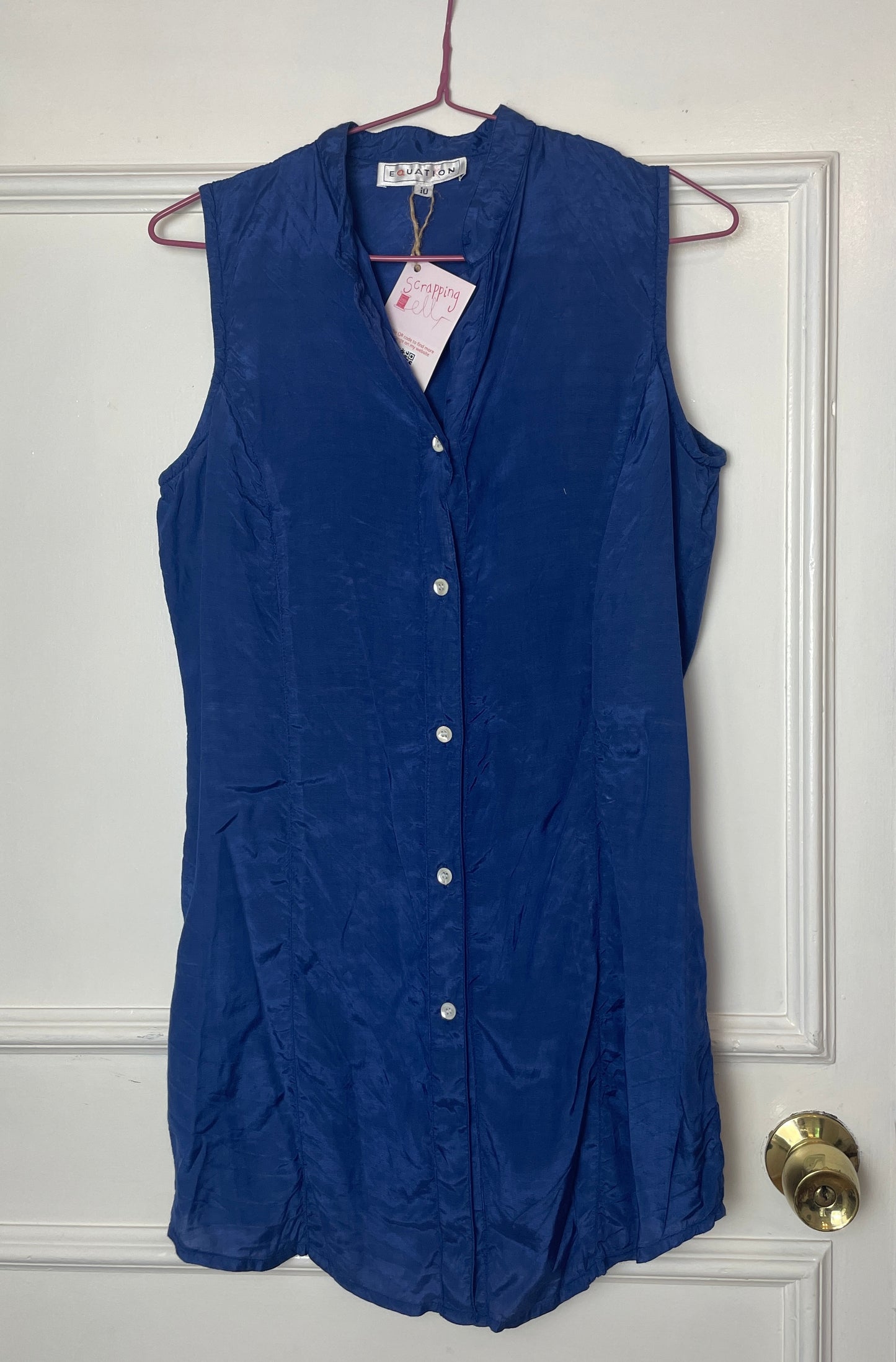 Vintage 90s Navy Blue Satin Long Sleeveless Shirt with Waist Tie - Size 10