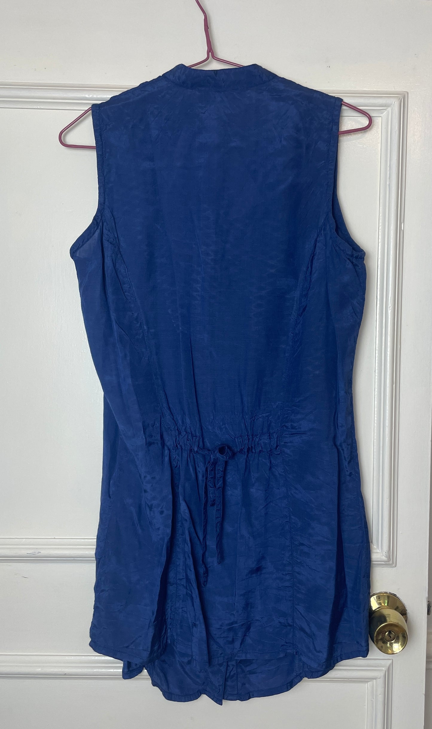 Vintage 90s Navy Blue Satin Long Sleeveless Shirt with Waist Tie - Size 10