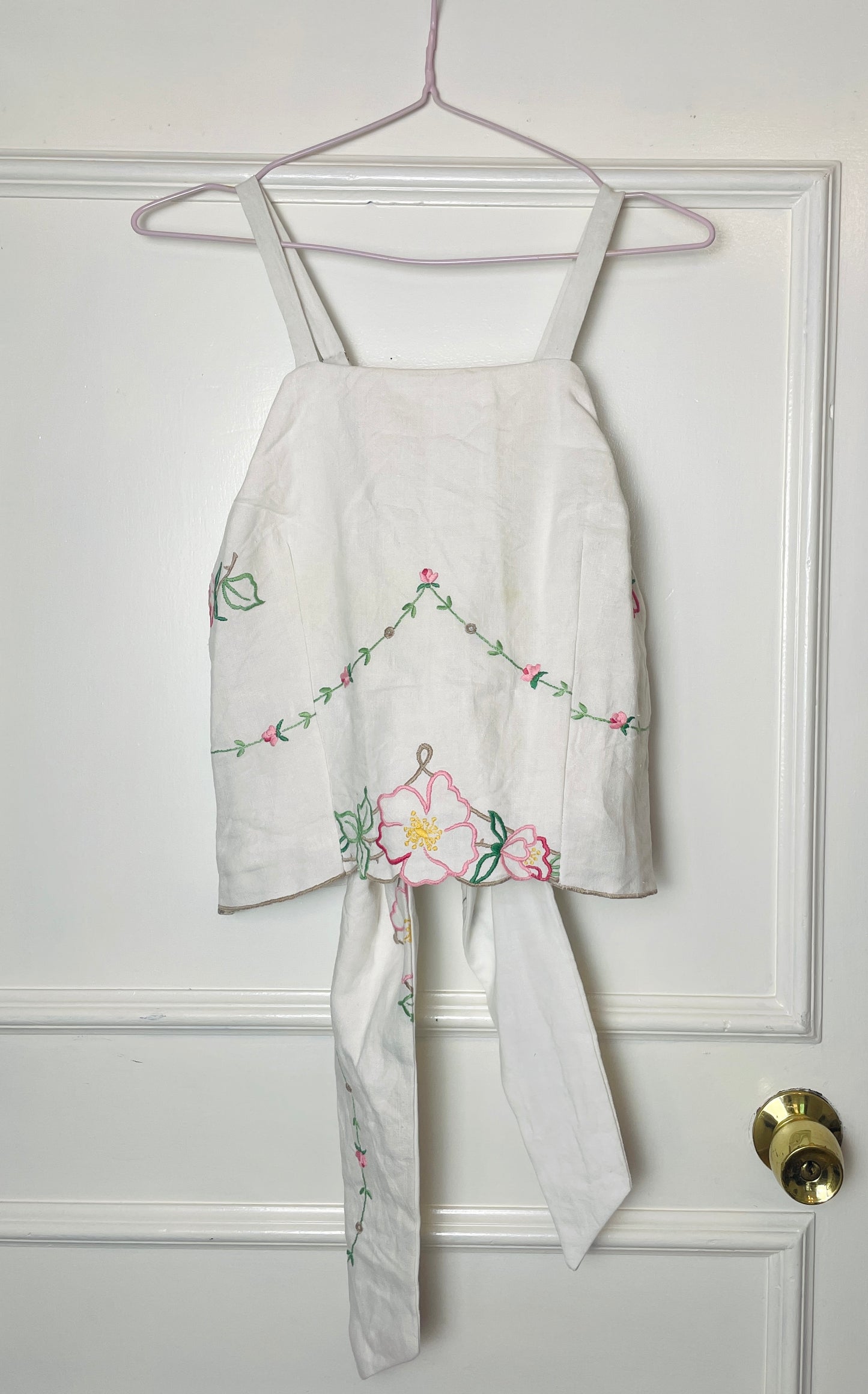 Handmade White Linen Pink Floral Embroidered Cross Strap Tie Back Crop Top - Size 12