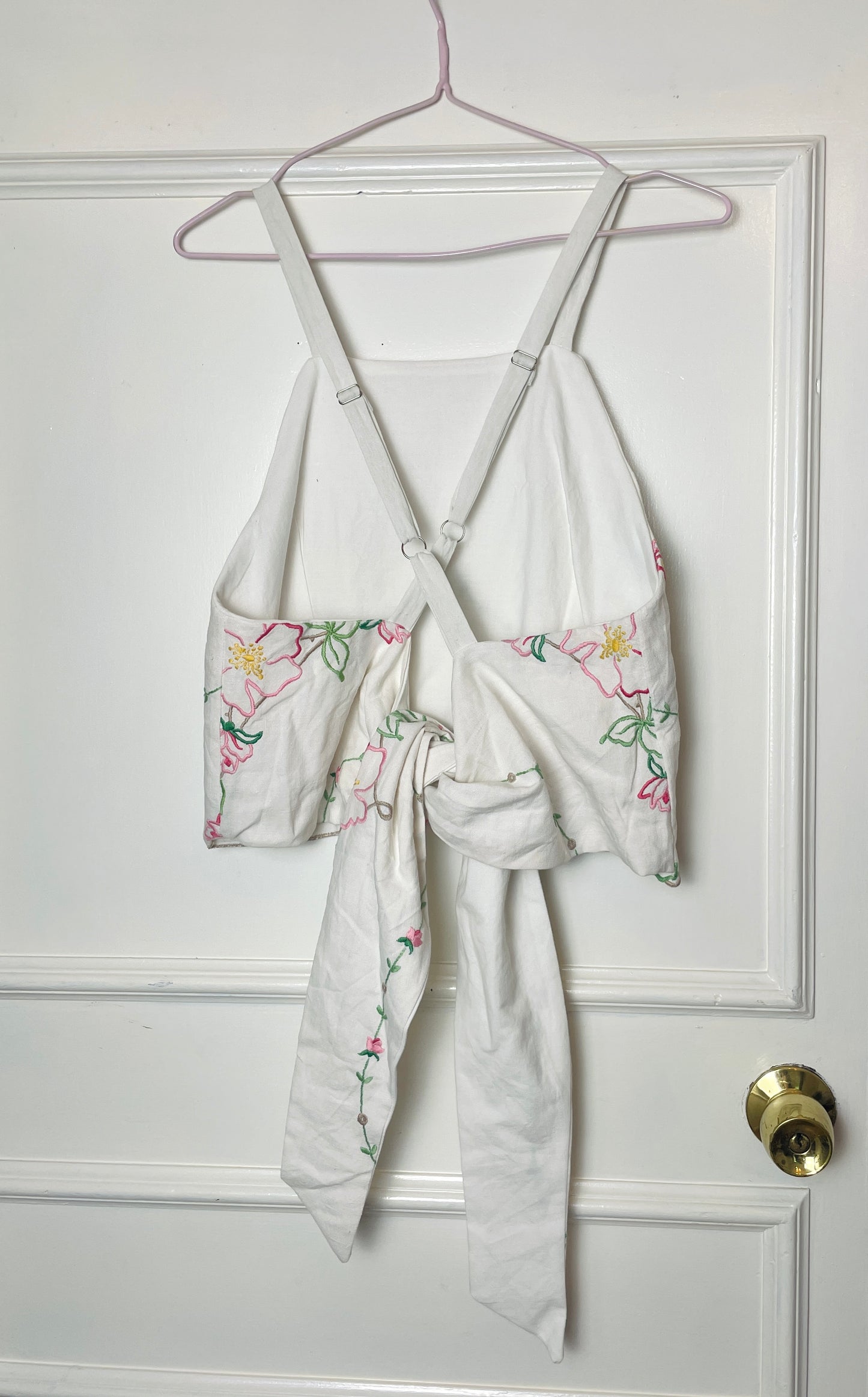 Handmade White Linen Pink Floral Embroidered Cross Strap Tie Back Crop Top - Size 12