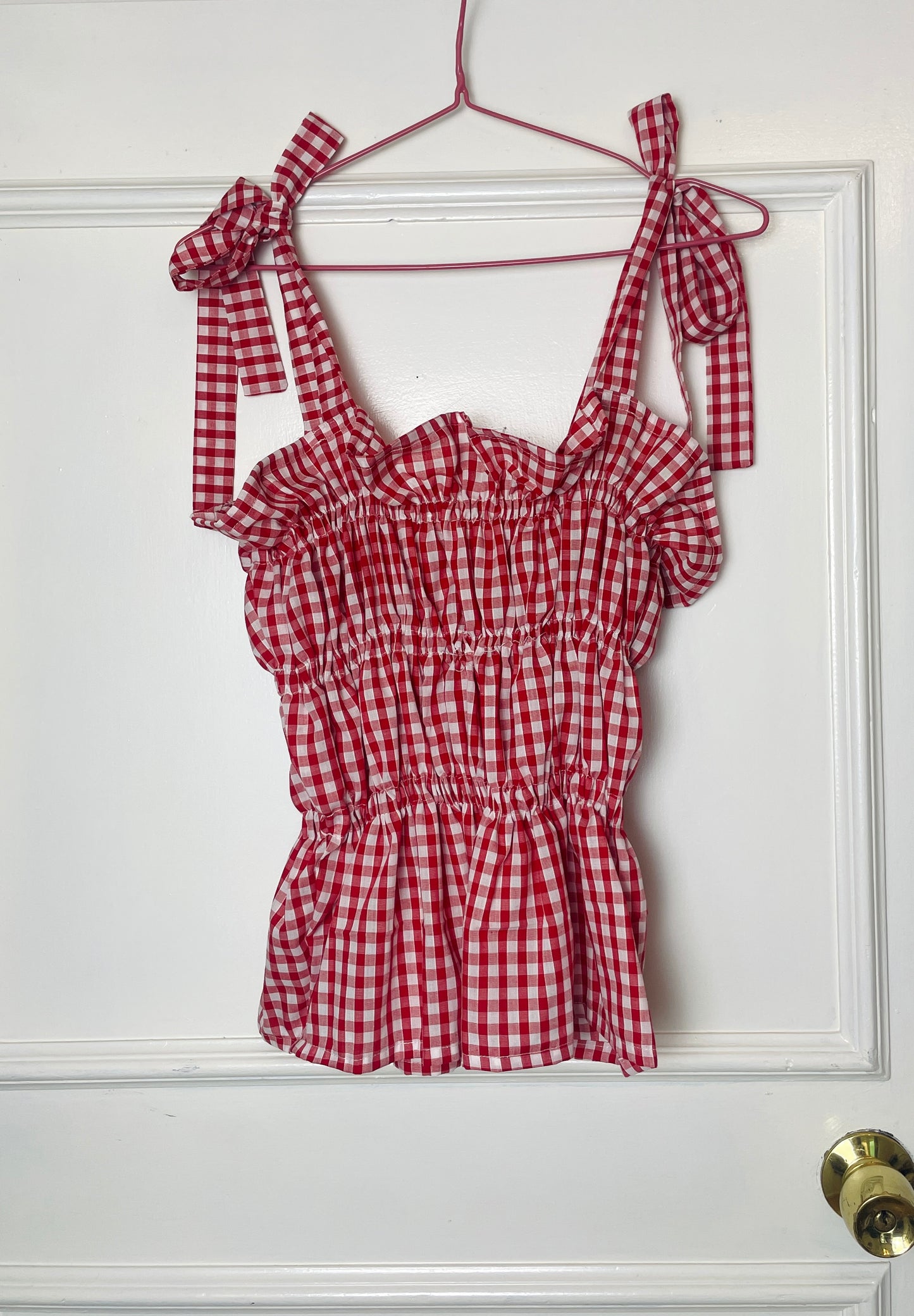 Handmade Red Gingham Cotton Shirred Smocked Tie Shoulder Crop Top - Size 14