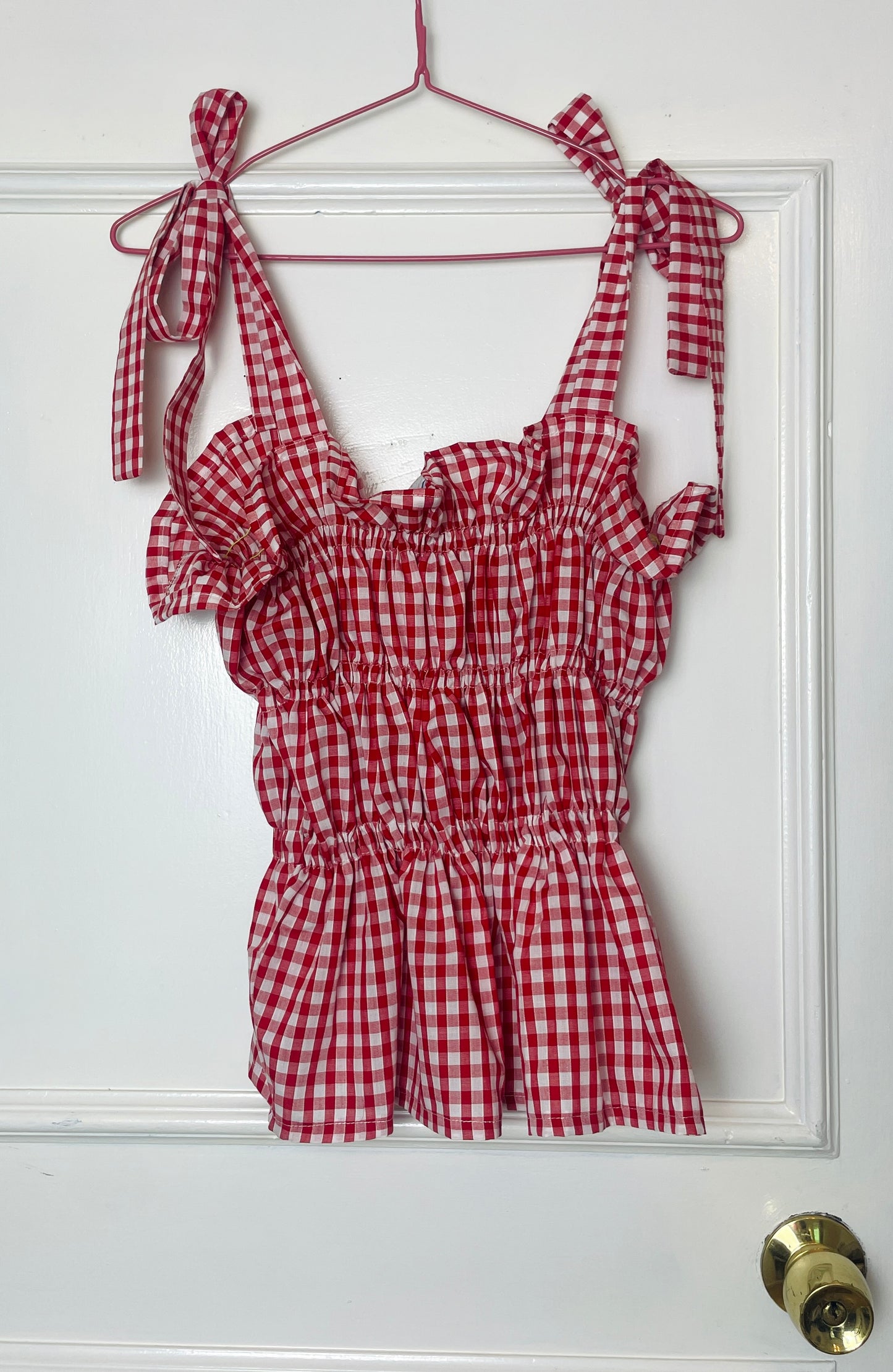 Handmade Red Gingham Cotton Shirred Smocked Tie Shoulder Crop Top - Size 14