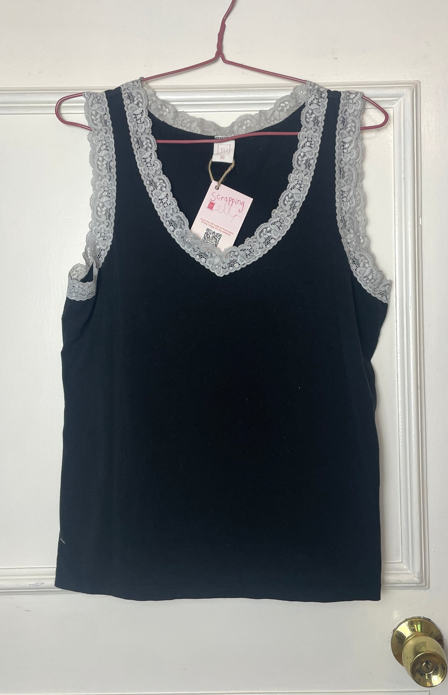 Vintage Y2K Black Sleeveless Vest Top with Blue Lace Trim - Size 14