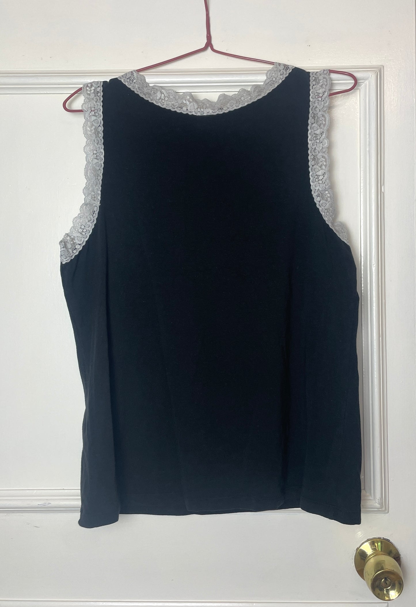 Vintage Y2K Black Sleeveless Vest Top with Blue Lace Trim - Size 14