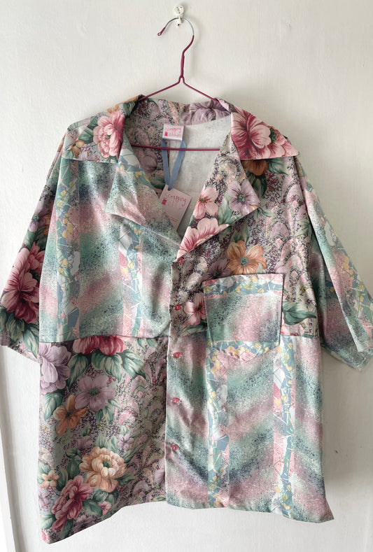 Handmade Men’s Pink Floral Patchwork Short Sleeve Shirt - Size L