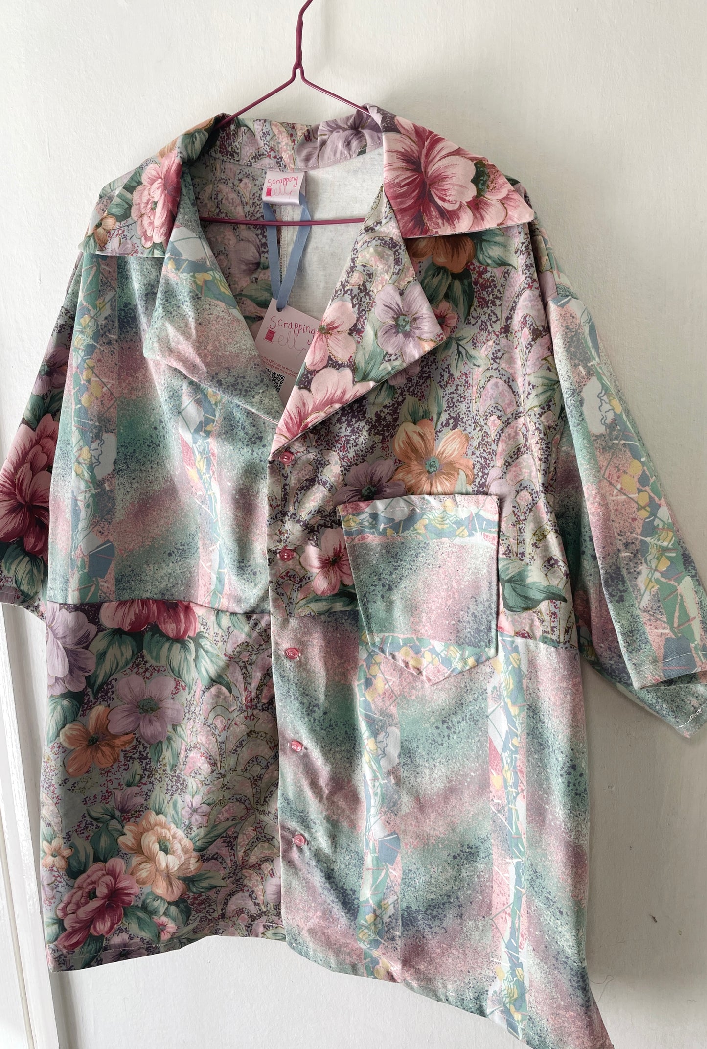 Handmade Men’s Pink Floral Patchwork Short Sleeve Shirt - Size L