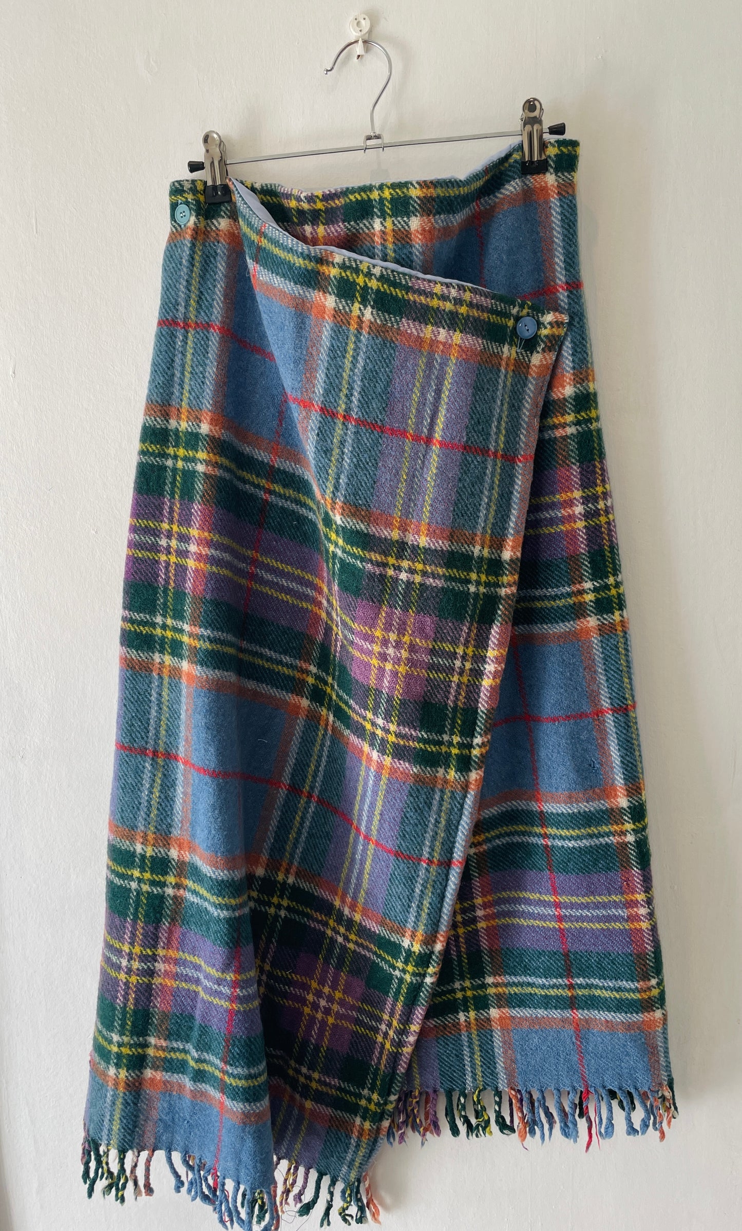 Carly Handmade Blue Wool Checked Asymmetric Maxi Skirt - Size 12